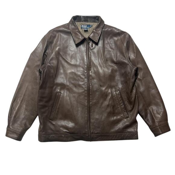 Polo Ralph Lauren Vintage 90s Brown Leather Houndstooth Plaid Lined Jacket XL